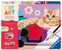 „CRE ART“, „Malen nach Zahlen“, „9+“. Eine Illustration zeigt eine Katze, Hut und Sonnenbrille auf buntem Hintergrund.
