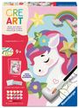 "CRE ART Malen nach Zahlen. 9+. WITH PLASTER ELEMENTS. Ein Einhorn mit bunter Mähne, Blumen und Regenbogen."