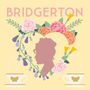 „BRIDGERTON“ in Großbuchstaben, pastellfarbenes Design, Silhouette einer Frau mit Blumen, zwei Tassen mit Schmetterlingen.