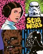 „Star Wars“ in gelber Schrift. Illustration: Vier Sci-Fi-Charaktere, darunter ein Soldat und eine Frau.