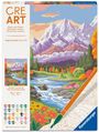 Text: "CRE ART", "Malen nach Zahlen", "Original Quality Since 1975". Illustration: Berglandschaft mit Fluss und Blumen.