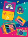 Illustration mit Retro-Technik: bunter Gameboy mit Regenbogen, Tamagotchi, Kassette, Radio und Kamera.