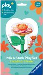 Text: "Mix & Stack Play Set: Create a Flower". Illustration einer stapelbaren Blumenspielzeug-Verpackung.
