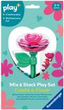 "Mix & Stack Play Set. Create a Flower. Für 2-4 Jahre. Enthält bunte Blumen, Blätter und Stiel. Ravensburger Logo unten."