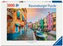 "3000 Ravensburger Puzzle" oben links. Buntes venezianisches Kanalufer, farbenfrohe Häuser, Boote, Regenbogen im Hintergrund.