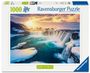 "Ravensburger Puzzle", "1000", "power of nature". Es zeigt einen beeindruckenden Wasserfall im Winter bei Sonnenaufgang.