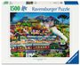 „1500 Ravensburger Puzzle.“ Malerische Landschaft mit bunten Bäumen, Bergen, einem Zug und Bahnhof.
