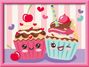 Zwei fröhliche Cupcakes mit Gesichtern und Kirschen, umgeben von bunten Herzen, auf einem gestreiften Hintergrund.