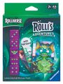 "ROLLI'S ADVENTURES", "Rolliverse", "7+", "2-4", "with Foil Card". Illustration eines fröhlichen Wesens mit Karten und Würfeln.