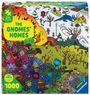 Text: "THE GNOMES' HOMES", "Magic Puzzle Company", "1000", "TINY WORLDS". Illustration mit bunten Blumen und Gnomen im Wald.