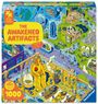 „THE AWAKENED ARTIFACTS“ in großen, gelben Buchstaben. Detailreiche Illustration eines Museums mit Sphinx und Dinosauriern.