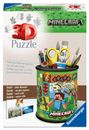 "3D Puzzle", "Minecraft", "Praktische Aufbewahrungsfunktion", bunter Becher mit Bastelutensilien und Minecraft-Motiven.