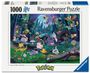 Ravensburger Puzzle mit 1000 Teilen. Pokémon-Gemälde mit verschiedenen Figuren in einem Wald bei Nacht.
