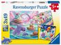 "Ravensburger Puzzle", "3x49", ab 5 Jahren. Illustration: Bunte Szenen mit Delfinen, Süßigkeiten und einem Weltraum-Thema.