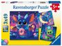 Ravensburger Puzzle 3x49, für 5+ Jahre. Illustration mit bunten, fantasievollen Kreaturen und einem gelben Hintergrund.