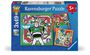 "Ravensburger Puzzle 5+. 3x49. Toy Story" zeigt drei Puzzlebilder von animierten Charakteren wie einem Astronauten und einem Cowboy.