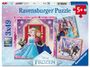 „Ravensburger Puzzle 3x49 Teile, 5+. Disney FROZEN.“ Drei Illustrationen von Charakteren aus dem Film „Frozen“.