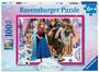"Ravensburger Puzzle", "XXL 100", "6+", "Disney Frozen". Eine Illustration mit Charakteren aus "Frozen" vor einem Schloss.