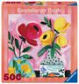 "Ravensburger Puzzle", "500". Illustration von bunten Blumen in Vasen, auf rosa Hintergrund.