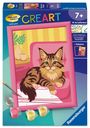 Text: "Malen nach Zahlen heißt jetzt CREAT ART", "7+", "10 Acrylfarben", "+ Rahmen".  
Illustration einer Katze.