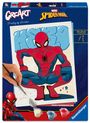 "HERO" in großer Schrift. Spiderman sitzt in seiner klassischen Pose. Farben: Rot, Blau. Malen-nach-Zahlen-Set.