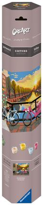 Texte: "CREART", "Amsterdam at Sunset", "leinwand edition", "canvas edition", "toiles edition".  
Illustration einer idyllischen Brücke bei Sonnenuntergang.