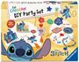 Text: "Be Creative DIY Party Set, For 7 kids, Prepare your Party, Party activity with friends, Let's Party, Disney Stitch."  
Illustration: Figuren und Bastelmaterialien von Stitch in lebendigen Farben.