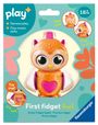 "First fidget Owl", Sensorikspielzeug, Feinmotorik, orange Eule mit Herz, ab 18 Monaten. Ein Knopf zum Ausprobieren.