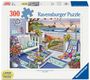 "300 Ravensburger Puzzle", "LARGE SEE & HOLD PIECES". Terrasse mit Schaukelbank, Blumen, Meerblick, Leuchtturm und Vögeln.