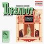 "Turandot" in grün, darunter "Ferruccio Busoni". Illustration eines traditionellen asiatischen Theaters.