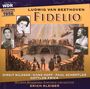 "WDR Archive 1956", "Ludwig van Beethoven", "Fidelio", "Birgit Nilsson, Hans Hopf, Paul Schöffler, Gottlob Frick", "Erich Kleiber". Oben links und rechts Porträts von Künstlern. Zentral eine Bühnenillustration.