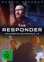 THE RESPONDER, Die kompletten Staffeln 1+2, FSK 12. Oben ein nachdenklicher Mann, unten eine Frau und ein Mann in Polizeiuniformen.