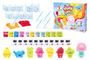 „Jelly Gelz“ und „make your own 7 characters“ auf bunter Verpackung. Enthält Formen, Gelpackungen und Plastikwerkzeuge.
