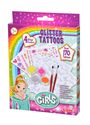„GLITTER TATTOOS, 4 Glitter Powders, Over 170 Tattoos.“ Bunte Verpackung mit Pinsel, Glitzerdöschen und stilisierter Figur.