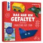 "Das hab ich gefaltet - Fahrzeuge auf Tour." Oben ein gelbes Origami-Bus, unten ein blaues Boot, rechts ein grünes Flugzeug.