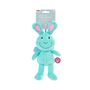 "JOJO THE PLUSH BUNNY" steht auf einem Hängeschild. Weiches, türkises Stofftier-Häschen mit großen rosa Ohren.
