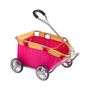 Keine sichtbaren Texte. Ein leuchtend pinker Wagen mit gelben Rändern, großen Rädern und einem schwarzen Griff.