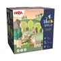 Logo "HABA", "My First Block World: Farm Life", "First Roleplay", "First Construction", "FSC-certified". Spielzeugszene mit Tieren und Bäumen.