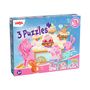 „3 Puzzles“ und „3+“ vor blauem Hintergrund mit rosa Einhörnern, Regenbogen, Eichhörnchen und Cupcakes.