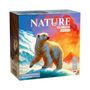 "NATURE CLIMATE MODUL 6". Ein Eisbär auf einer Eisscholle vor einem farbenfrohen Himmel und Vulkan.