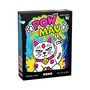 Text oben: "POW MAU". Darunter eine Illustration einer weißen Katze mit erhobenen Tatzen und buntem Hintergrund.