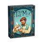 "The Mix", "Guime". Ein bärtiger Mann mit Fliege mixt einen Drink. Verzierungen im Art Deco Stil, türkisfarbener Hintergrund.