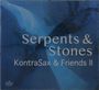 Text: "Serpents & Stones", "KontraSax & Friends II". Hintergrund: Blau-abstrakte Muster. Oben links: kleines Logo.