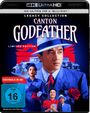 Texte: "4K ULTRA HD", "Blu-ray", "Legacy Collection", "Canton Godfather", "Limited Edition", "Erstmals in 4K!", "FSK ab 16 freigegeben". Illustration mit einem Mann und zwei Frauen in blauer, roter Kleidung, alten Autos und einer roten Rose.