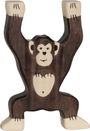 Holzfigur eines Affen mit erhobenen Armen und einem freundlichen Gesicht.