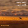Oben: "Quadro Nuevo meets Marion & Sobo". Unten: "Belle Histoire". Ein Vogel läuft am Strand bei Sonnenuntergang.