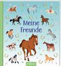 "Meine Freunde" in blauer Schrift. Illustration von Pferden, Blumen und Hufeisen auf hellblauem Hintergrund.