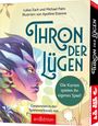 „Thron der Lügen“, darüber ein elfartiges Wesen mit lila Haut und Blattverzierungen. Familienspiel von arsEdition.
