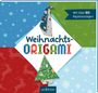 "Weihnachts-Origami" in bunten Buchstaben, mit über 80 Papieronlagen. Illustration mit weihnachtlichen Mustern.