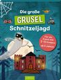„Die große Grusel-Schnitzeljagd“ für 2-12 Kinder ab 8 Jahren. Ein Geist vor einem Schloss unter einem Vollmond, Spinnennetz, Bäume.